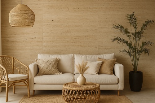 Trawertyn na ścianach: idealny wybór do salonu, kuchni i łazienki w stylu boho